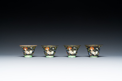Four Chinese Thai market Bencharong 'Theppanom' wine cups, 19th C.