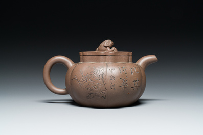 A Chinese Yixing stoneware teapot and cover, signed Li Yong 利永, Yixing seal mark, dated 1934