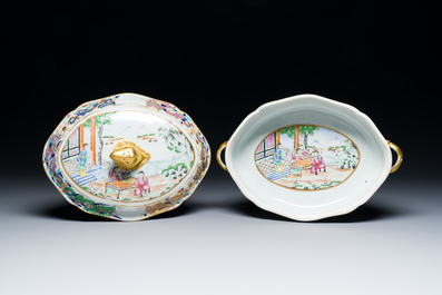 Two fine monogrammed Chinese Canton famille rose tureens and a bowl, mid-19th C.