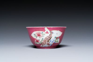 A Chinese famille rose ruby-pink-ground 'pheasants' cup and saucer, Yongzheng
