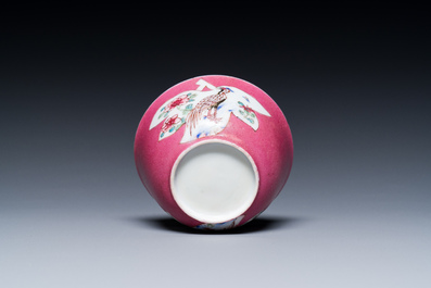 A Chinese famille rose ruby-pink-ground 'pheasants' cup and saucer, Yongzheng