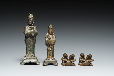 Two Chinese bronze sculptures and two paper- or scrollweights in the shape of boys playing the drums, Ming/Qing
