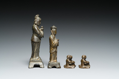 Two Chinese bronze sculptures and two paper- or scrollweights in the shape of boys playing the drums, Ming/Qing