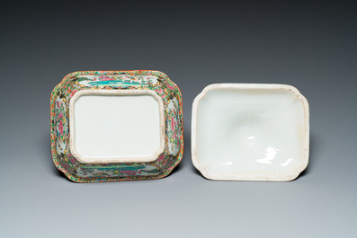 Three Chinese Canton famille rose dishes and a tureen and cover, 19th C.