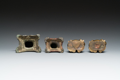 Two Chinese bronze sculptures and two paper- or scrollweights in the shape of boys playing the drums, Ming/Qing