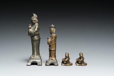 Two Chinese bronze sculptures and two paper- or scrollweights in the shape of boys playing the drums, Ming/Qing