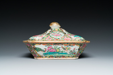 Three Chinese Canton famille rose dishes and a tureen and cover, 19th C.