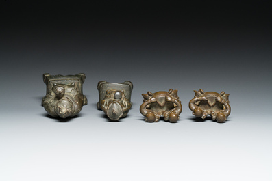 Two Chinese bronze sculptures and two paper- or scrollweights in the shape of boys playing the drums, Ming/Qing