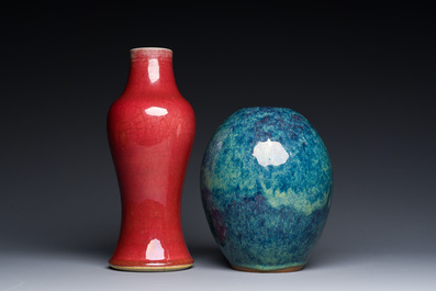 A Chinese copper-red-glazed vase and a flamb&eacute;-glazed Yixing stoneware vase with Ge Mingxiang Zao 葛明祥造 mark, 19th C.