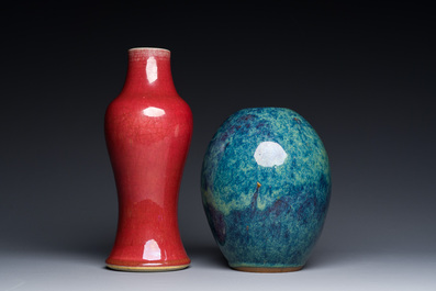 A Chinese copper-red-glazed vase and a flamb&eacute;-glazed Yixing stoneware vase with Ge Mingxiang Zao 葛明祥造 mark, 19th C.