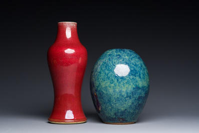 A Chinese copper-red-glazed vase and a flamb&eacute;-glazed Yixing stoneware vase with Ge Mingxiang Zao 葛明祥造 mark, 19th C.