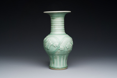 A Chinese Longquan celadon 'peony scroll' vase, Yuan