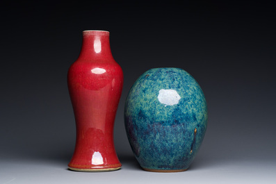 A Chinese copper-red-glazed vase and a flamb&eacute;-glazed Yixing stoneware vase with Ge Mingxiang Zao 葛明祥造 mark, 19th C.