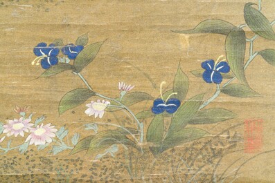Chinese school: 'Rooster and flowers', ink and colour on silk, 19/20th C.