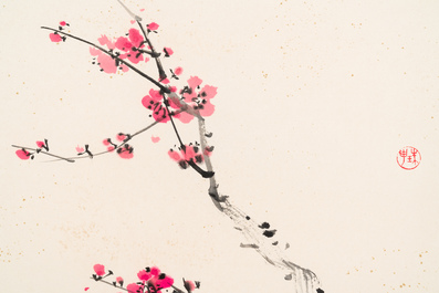 Qi Gong 啟功 (1912-2005): 'Calligraphy and plum blossom', ink and colour on paper, dated 1986