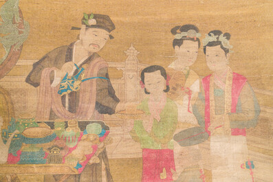 Chinese school: 'Gathering under the pine', ink and colour on silk, 18/19th C.