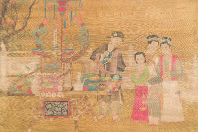 Chinese school: 'Gathering under the pine', ink and colour on silk, 18/19th C.