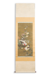 Chinese school: 'Rooster and flowers', ink and colour on silk, 19/20th C.
