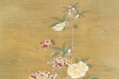 Chinese school: 'Rooster and flowers', ink and colour on silk, 19/20th C.