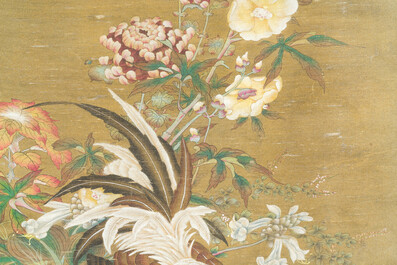 Chinese school: 'Rooster and flowers', ink and colour on silk, 19/20th C.