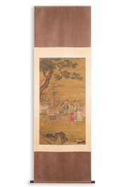 Chinese school: 'Gathering under the pine', ink and colour on silk, 18/19th C.