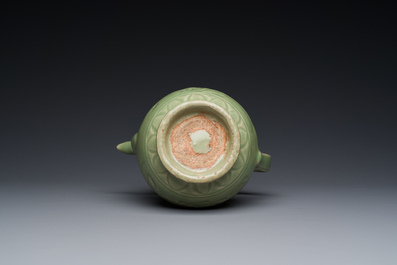 A Chinese Longquan celadon wine ewer with anhua design, Yuan/Ming