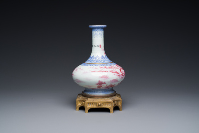 A Chinese blue-and-puce-enamelled bottle vase with a gilt bronze mount, 20th C.