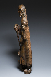 Een eikenhouten sculptuur van Lazarus als blinde geleid door de duivel, Frankrijk, 16e eeuw