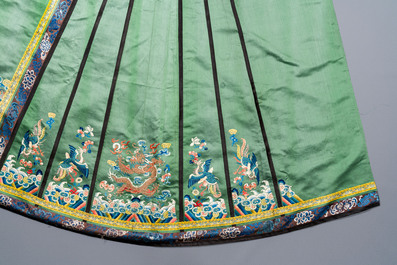A Chinese embroidered silk 'dragon and phoenix' skirt and a wallet pouch, 18/19th C.