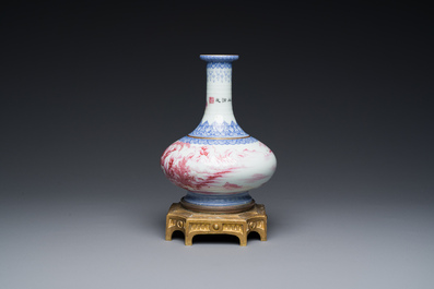 A Chinese blue-and-puce-enamelled bottle vase with a gilt bronze mount, 20th C.