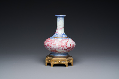 A Chinese blue-and-puce-enamelled bottle vase with a gilt bronze mount, 20th C.