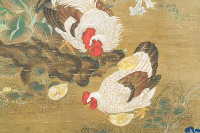 Chinese school: 'Rooster and flowers', ink and colour on silk, 19/20th C.