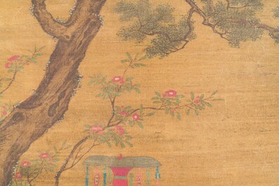 Chinese school: 'Gathering under the pine', ink and colour on silk, 18/19th C.