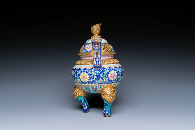 A Chinese 'imperial tribute' blue-ground Canton enamel incense burner and cover, Qianlong mark and of the period