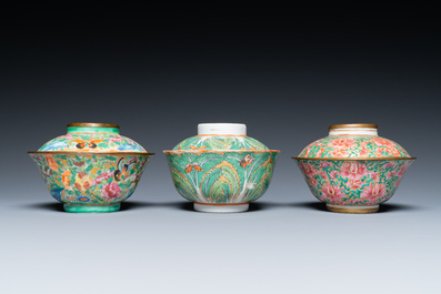 Three Chinese Canton famille rose bowls and covers for the Thai market, 19th C.