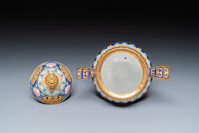 A Chinese 'imperial tribute' blue-ground Canton enamel incense burner and cover, Qianlong mark and of the period