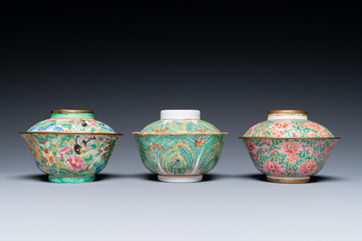 Three Chinese Canton famille rose bowls and covers for the Thai market, 19th C.