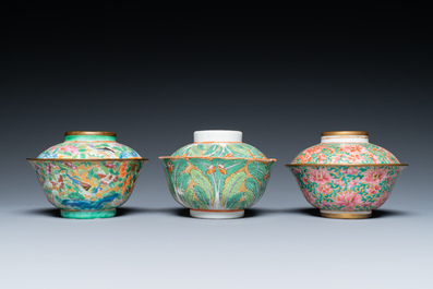 Three Chinese Canton famille rose bowls and covers for the Thai market, 19th C.