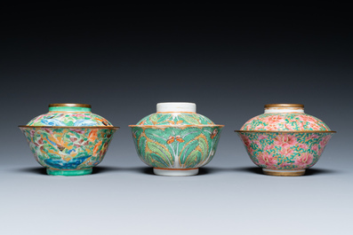 Three Chinese Canton famille rose bowls and covers for the Thai market, 19th C.