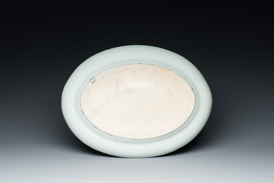 An inscribed oval Chinese Canton famille rose dish, Jiaqing/Daoguang