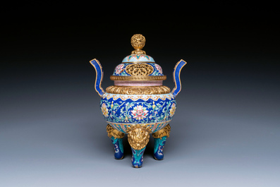 A Chinese 'imperial tribute' blue-ground Canton enamel incense burner and cover, Qianlong mark and of the period