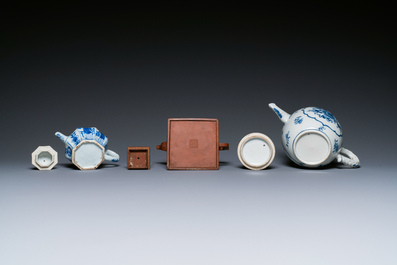 Two Chinese blue and white teapots, one in Yixing stoneware and a powder-blue cup and saucer, Kangxi and later