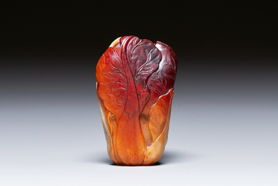 A small Chinese white and russet jade 'cabbage' vase, 19th C.