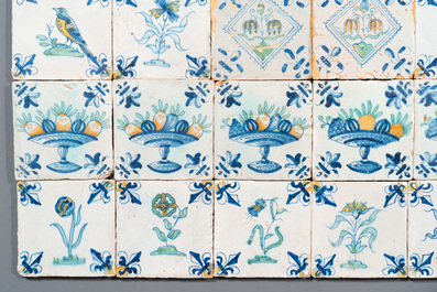 30 polychrome Dutch Delft tiles with birds, flowers and tazzas with fruits, 17th C.