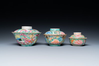 Three Chinese Canton famille rose bowls and covers for the Thai market, 19th C.