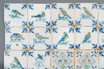 30 polychrome Dutch Delft tiles with birds, flowers and tazzas with fruits, 17th C.