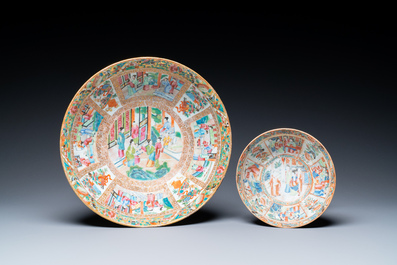 Two Chinese Canton famille rose bowls and a dish, 19th C.