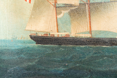 Canton school, China: 'A British merchant vessel at sea', oil on canvas in original Chippendale-style frame, 1st half 19th C.