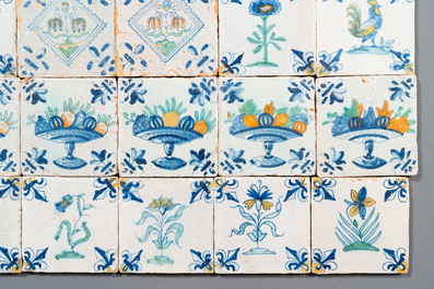 30 polychrome Dutch Delft tiles with birds, flowers and tazzas with fruits, 17th C.