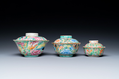 Three Chinese Canton famille rose bowls and covers for the Thai market, 19th C.